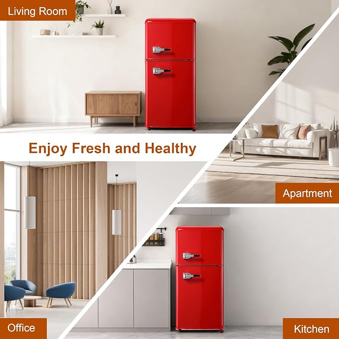 Retro Mini Fridge with Freezer 3.5 Cu. Ft, Small Refrigerator with 7 Level Adjustable Thermostat, Compact Classic Dual Door Fridge Removable Glass Shelves for Apartments, Dorm, Office, Red