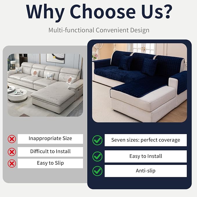 Velvet Couch Cover, Plush Sectional Sofa Cover Washable, Anti Slip Sofa Slipcover for Loveseat, Furniture Protector Covers for Pets & Kids(1PC,Navy Blue,36"×47")