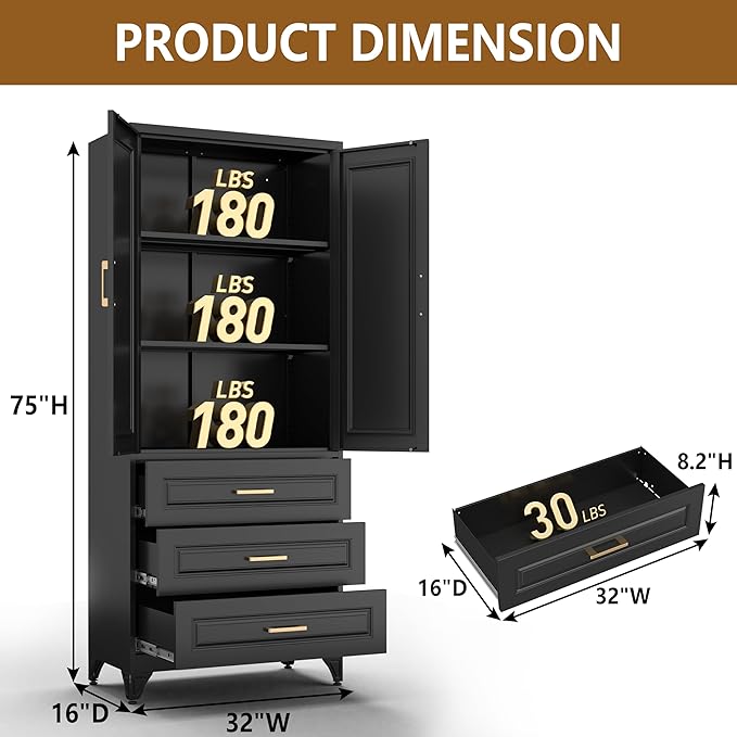 Polup Kitchen Pantry Cabinet, 75" Tall Pantry Cabinet with Three Drawers, Metal Storage Cabinets with Doors and Shelves, Freestanding Food Cupboard for Dining, Living Room, Black, Assembly Required