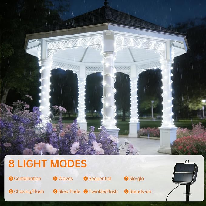 Solar Rope Lights for Outside, 2 Packs Total 66ft 200 LED Solar String Lights with 8 Modes, Waterproof Solar Outdoor Light for Patio Garden Party Tree Porch Pool Holiday Xmas Decor-White
