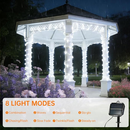 Solar Rope Lights for Outside, 2 Packs Total 66ft 200 LED Solar String Lights with 8 Modes, Waterproof Solar Outdoor Light for Patio Garden Party Tree Porch Pool Holiday Xmas Decor-White