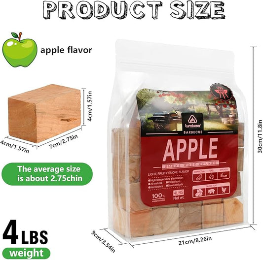 Lumberer Apple Wood Smoking Chunks – 100% Natural Hardwood for Smokers & Grills – Long-Lasting Burn (1+ Hours) – Light Fruity Smoke Flavor – 4LBS, High-Temp Sterilized & Clean Burn