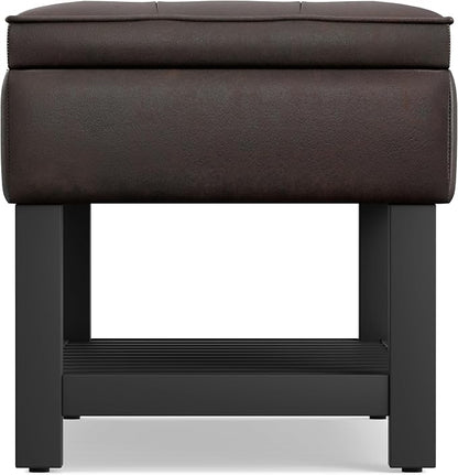 SIMPLIHOME Cosmopolitan Storage Ottoman Bench - 44 inch Wide Upholstered Vegan Leather Rectangle Storage Ottoman in Distressed Brown, Transitional Bench for Bedroom with Tufted Lift-Top and Open Shelf