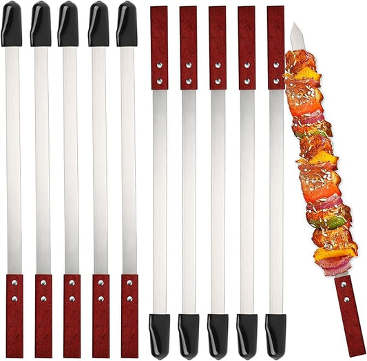 Idong 10 PCS Kabob Skewers 23.6" Flat Stainless Steel BBQ Skewers for Grilling Meat with Wood Handle and Tip Guards, Heavy Duty Reusable for Koobideh Persian Brazilian Shish Kebab
