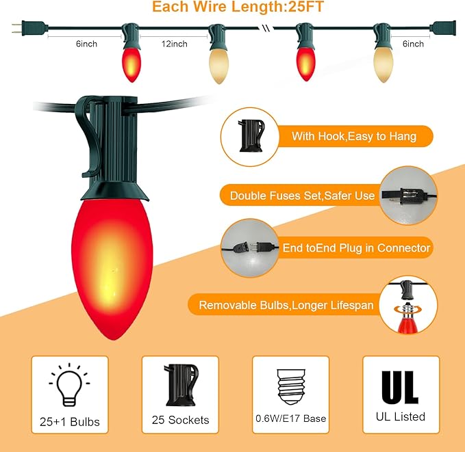 Abeja 25Ft C9 Multicolor Christmas Lights - Outdoor Vintage String Lights with 26 Red/White Ceramic LED Bulbs (1 Spare) for Holiday, Xmas, Roofline, Wedding - Green Wire