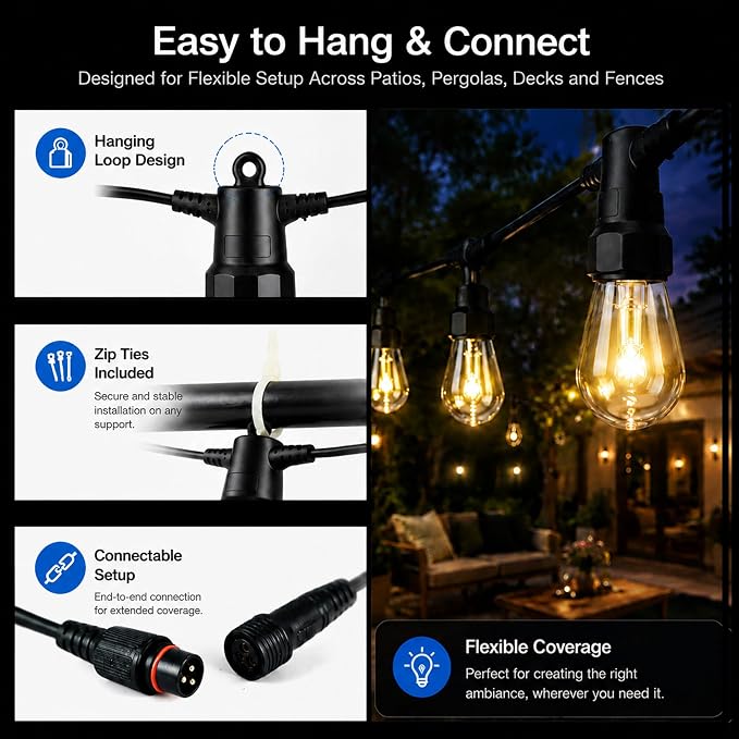 Outdoor String Lights 50FT, RGBW Patio Lights with App & Remote Control | 20 ST14 bulbs, RGBW color modes, app control, remote control, music mode, timer, backyard decor