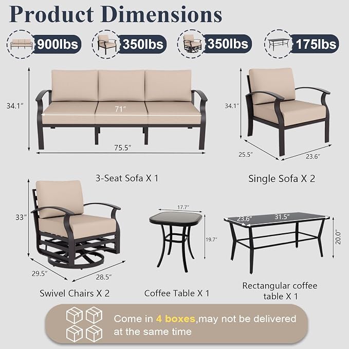 ALAULM Aluminum Patio Furniture Set with Coffee Table Rectangular, 7-seat Outdoor Sectional Furniture w/Swivel Chairs, Patio Conversation Set for Porch, Backyard, Poolside-Sand