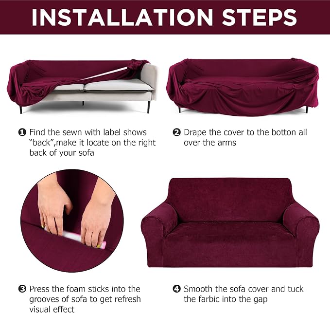 Peryiter 3 Pcs Couch and Loveseat Sofa Covers,Burgundy,Velvet | Armchair Covers for Living Room, Sofa Cushion Slipcover, Furniture Protector, Polyester and Spandex, Washable