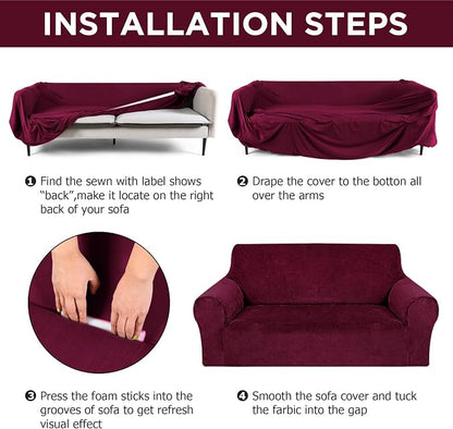 Peryiter 3 Pcs Couch and Loveseat Sofa Covers,Burgundy,Velvet | Armchair Covers for Living Room, Sofa Cushion Slipcover, Furniture Protector, Polyester and Spandex, Washable