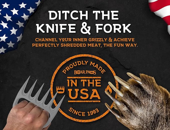 Bear Paws Meat Claws - The Original BBQ Meat Shredder Claws for Pulled Pork, USA Made - Easily Lift, Shred, Pull and Serve Pork, Chicken, Brisket and Turkey - Valentine’s Day Gifts for Men (Gray)