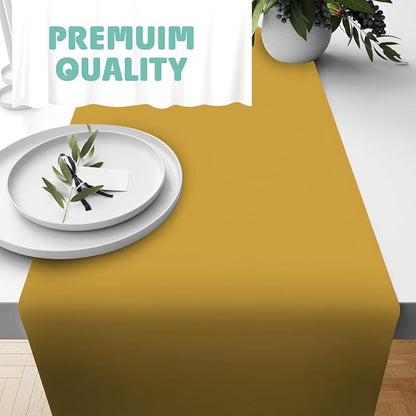Gold Table Runner – 14" X 110' Premium Plastic Longtable Runners with Cutter Box - Cut to Size - Decorative Rectangle Table Runners - Smooth Table Cloth - Disposable Table Cloths. Parties, Weddings.