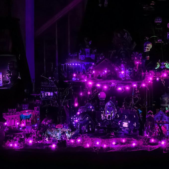 Solar Powered String Lights Outdoor, 2 Pack Total 200 LED 66FT Solar Powered Halloween Decorative Fairy Lights 8 Modes Black Wire for Halloween, Garden, Patio, Party, Yard, Christmas(Purple)