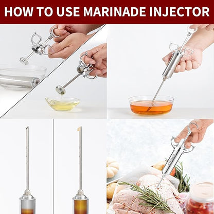 QPMR Meat Injector Syringe Kit, 2-oz Large Capacity Marinade Turkey Injector with 3pcs Stainless Steel Marinade Injector Needles for BBQ Grill Smoker & Turkey & Brisket