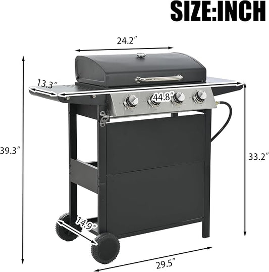 44.8 Inch Outdoor Kitchen Island, 4 Burner 34,000 BTU Stainless Steel Propane Gas Grill Bar with Two Shelves, Lid, Wheels and Bottle Opener