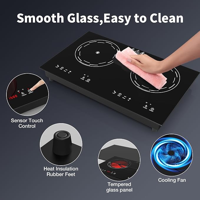 VBGK Electric Cooktop,24 Inch Electric Stove Top 110V 3000W with LED touch Control,8 Power Levels, Kids Lock & 4H Timer,Overheat Protection stove,2 burner cooktop
