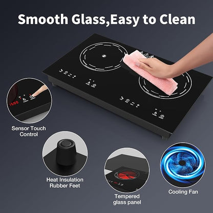 VBGK Electric Cooktop,24 Inch Electric Stove Top 110V 3000W with LED touch Control,8 Power Levels, Kids Lock & 4H Timer,Overheat Protection stove,2 burner cooktop