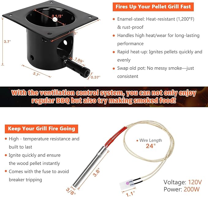 Upgraded 2.0 RPM Auger Motor, Fire Burn Pot and Hot Rod Ignitor, Grill Induction Fan for Traeger and Pit Boss Pellet Grill, Fire Pot Replacement for Traeger Parts Replacement, with Ash Remover, Screws