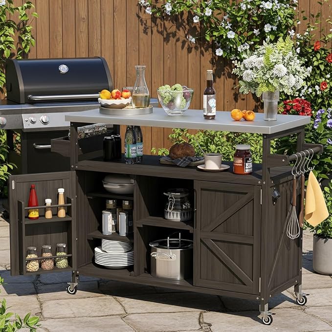Merax 50" Outdoor Kitchen Grill Cart Island on Wheels with Stainless Steel Top,Farmhouse Style Solid Wood Frame Storage Cabinet for Party