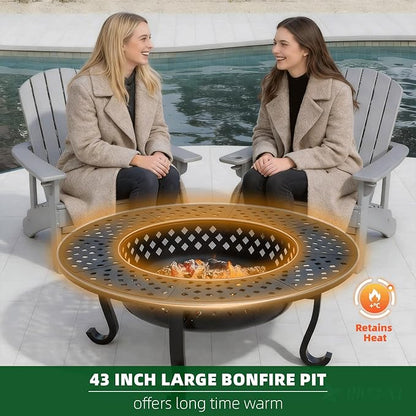 43 Inch Fire Pit with 2 Grill, Outdoor Wood Burning Firepit with Lid, Metal Round Table for Backyard Patio Garden Picnic Camping Bonfire