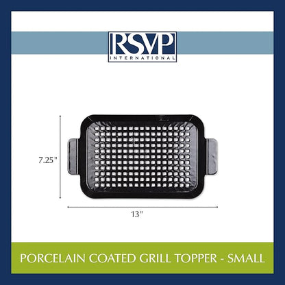 RSVP International Porcelain Coated Steel BBQ Grill Tray/Pan, Outdoor Barbeque Grilling Accessories for Cooking Fish & Vegetables, Dishwasher Safe, Small, 13x7.25"