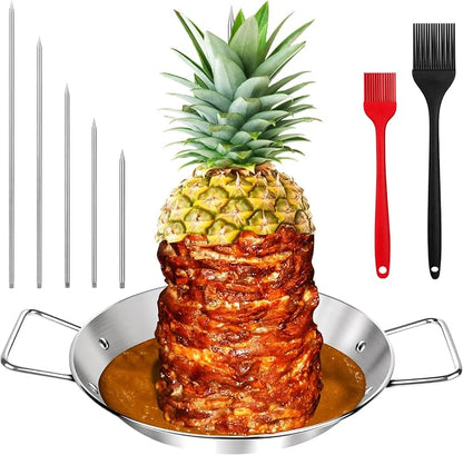 Al Pastor Skewer for Grill, Large 13 Inch Gyro Pan with Fat Separator | Brazilian Spit Stand with 5 Spikes & 2 Brushes, Stainless Steel Vertical Sticks for Shawarma, Chicken on Smoker Oven