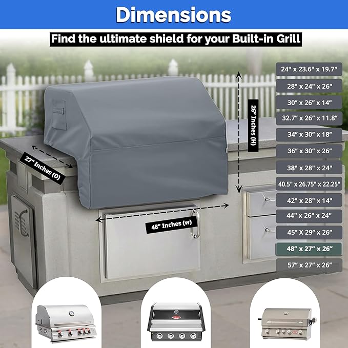 Covers & All Built-in Grill Cover for Outdoor Grill – Heavy Duty 12 oz Waterproof Built-in BBQ Grill Cover, PVC-Coated Polyester with Elastic Hem for Snug Fit (48 x 27 x 26 inches, Grey)