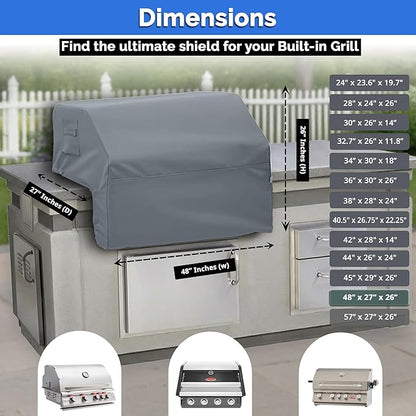 Covers & All Built-in Grill Cover for Outdoor Grill – Heavy Duty 12 oz Waterproof Built-in BBQ Grill Cover, PVC-Coated Polyester with Elastic Hem for Snug Fit (48 x 27 x 26 inches, Grey)