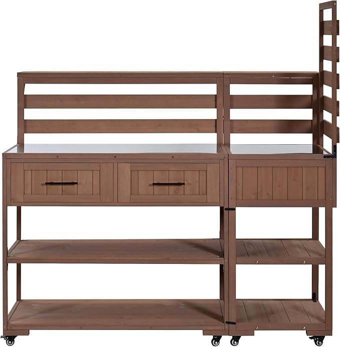 GDFStudio Elshire Patio Kitchen Island Cart with Storage, Wooden Outdoor Storage Cabinet with Stainless Steel BBQ Prep Table Top, Drawers, Raised Shelf and Lockable Wheels, Garden Potting Bench, Brown