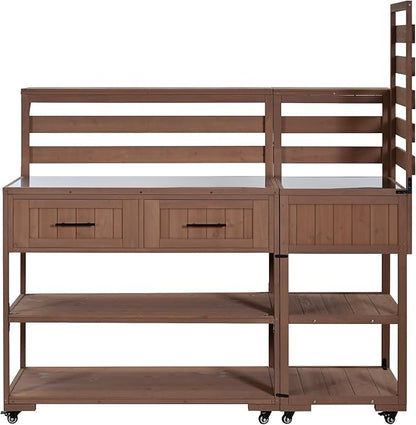 GDFStudio Elshire Patio Kitchen Island Cart with Storage, Wooden Outdoor Storage Cabinet with Stainless Steel BBQ Prep Table Top, Drawers, Raised Shelf and Lockable Wheels, Garden Potting Bench, Brown