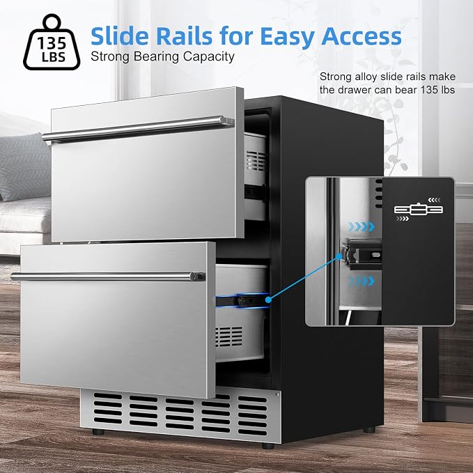 24" Undercounter Beverage Cooler, Outdoor Stainless Steel Drawer Fridge | Temp control, Outdoor patio garage bar, Home kitchen commercial, Rustproof stainless steel, Energy efficient, Digital display