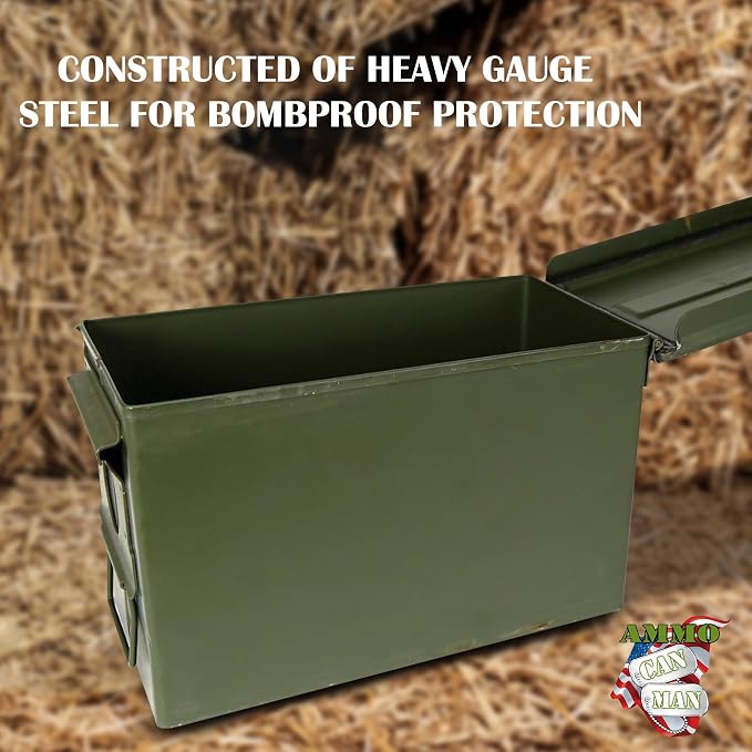 U.S. G.I. M2A1 50 Cal Ammo Can Organizer (OD Green) - Watertight Seal Metal Storage Box w/ Hinged Lid & Secure Latch – Ideal Ammo Can Surplus for Gear, First Aid, & Survival Supplies | First Aid | & Survival Supplies | Keeps Cans Locked In