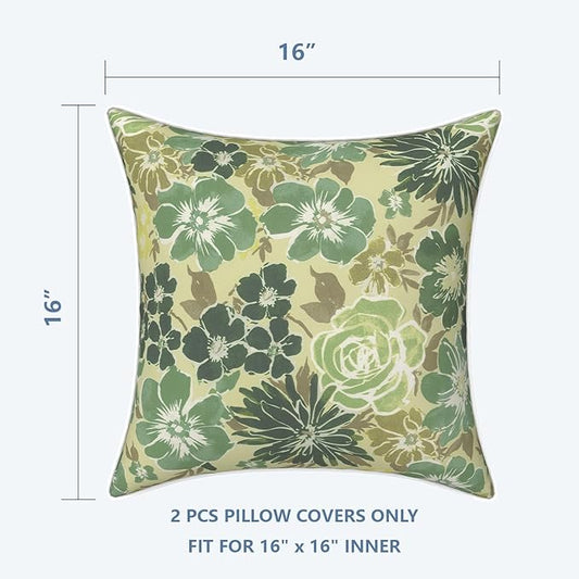 LVTXIII Outdoor Pillow Covers 16x16, Patio Waterproof Throw Pillow Cases Fade Resistant Accent Pillow Covers for Spring Summer Garden Decoration, Set of 2, Green Rose