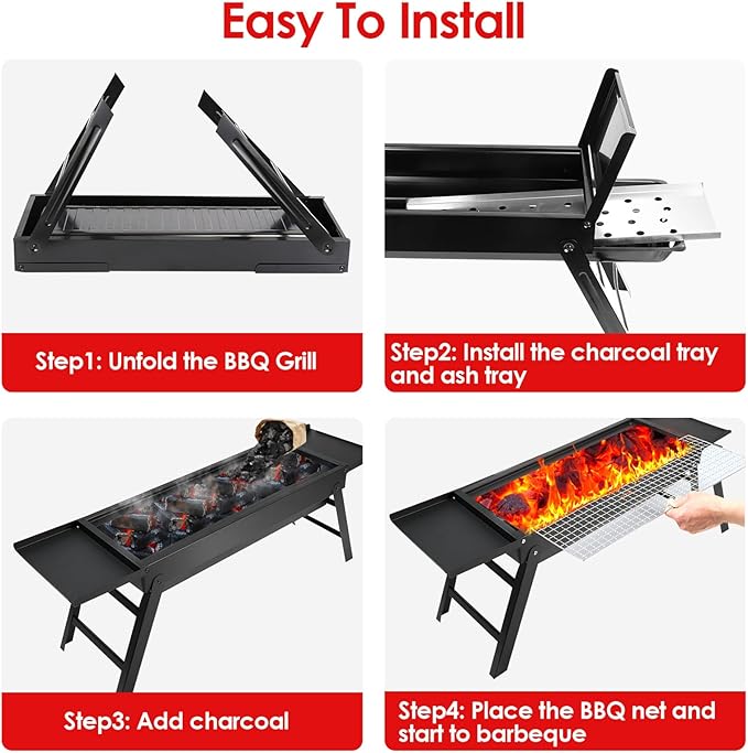 KOCASO Foldable Charcoal BBQ Grill with Shelf & Stainless Steel Grill Net - Easy Setup Portable Tabletop Barbecue Grill for Camping, Picnic, Outdoor Party, Backyard, Hiking, Traveling
