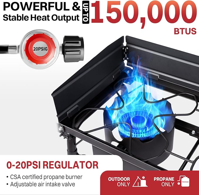 2 Burner Propane Camp Stove | 150,000 BTU | High Pressure Gas Burners | CSA Certified | Side Shelves | Windscreen | Waterproof Cover | Detachable Legs | Ideal for Camping Backyard Outdoor Cooking