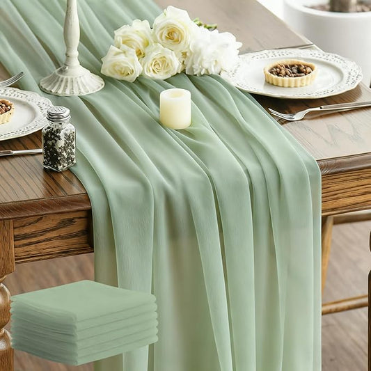 Sage Green Glitter Chiffon Table Runner 35x120 Inches 6 Pack for Outdoor BBQ Thanksgiving Party Table Decor