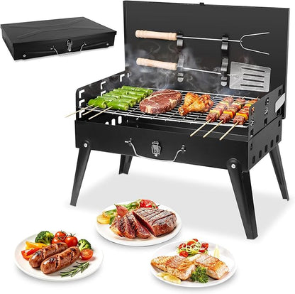 Portable Charcoal Grill, Small Foldable BBQ Suitcase Grill with Storage Shelf, Barbecue Grill for Outdoor Camping Picnics Garden Backyard Patio Parties, 16.7"×10"×17.7"
