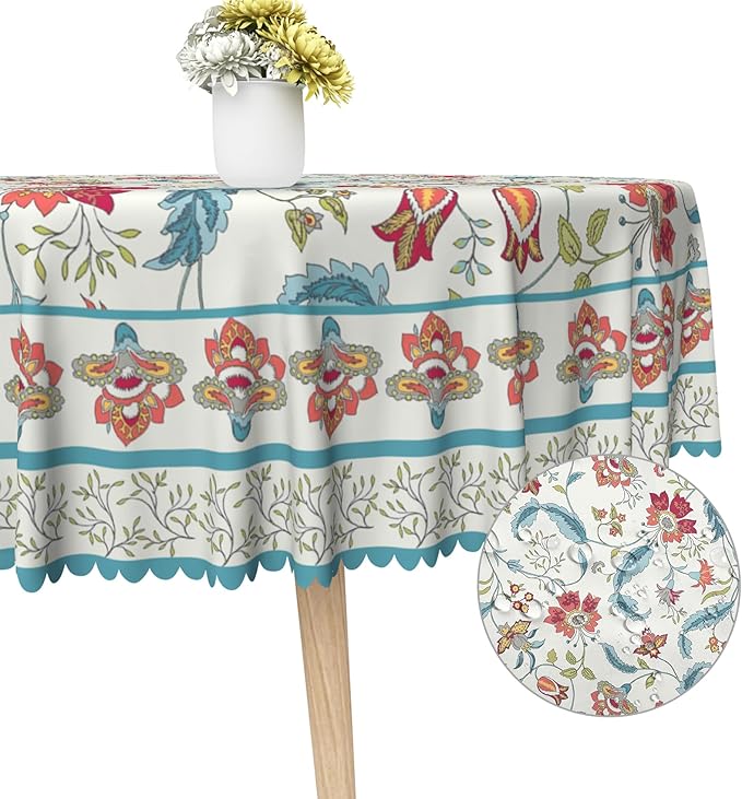 Flower Round Tablecloth Waterproof Spring Summer Circle Table Cloth for Kitchen Dinning Table Decor Vintage Boho Washable Seasonal Table Cover for Indoor Outdoor Restaurant Home 70x70 Inch
