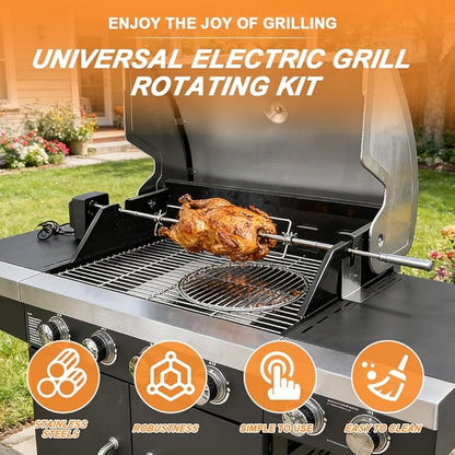 Universal BBQ Grill Rotisserie Kit with 110V-120V 4W Electric Motor for Most Gas Grills, Include 4-Prong Meat Forks and 5/16-Inch Adjustable-Length Square Spit Rods