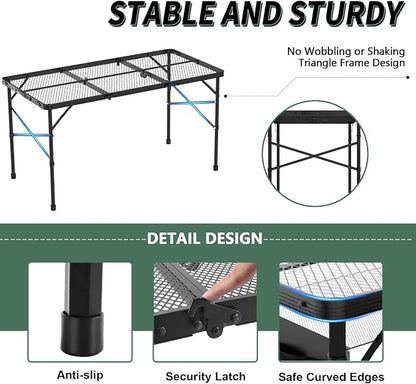 Folding Grill Table, 4x2 FT Portable Camping Table, Foldable | 3 Adjustable Height Max 27.5" Grill Tables for Outside with Mesh Bag, Outdoor table for Camping, Picnic, BBQ, Beach, Patio