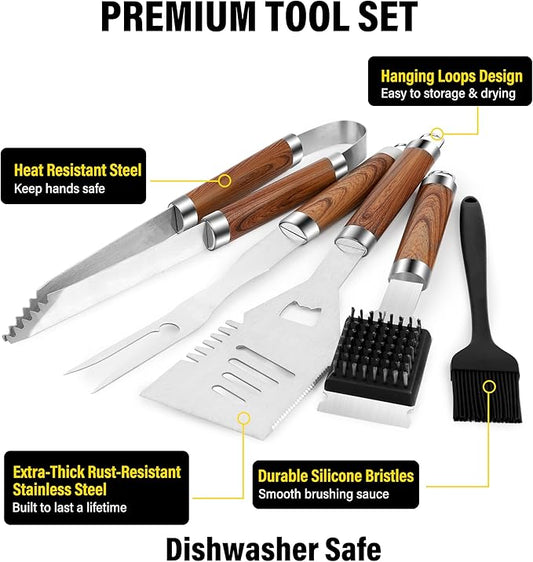 Yekale BBQ Grill Accessories Set, Grill Tools Grilling Accessories Grilling Gifts for Men - Spatula, Fork, Brush, Tongs & Cleaning Brush - Outdoor Barbecue Utensils Gifts for Men Dad Him (Wood)