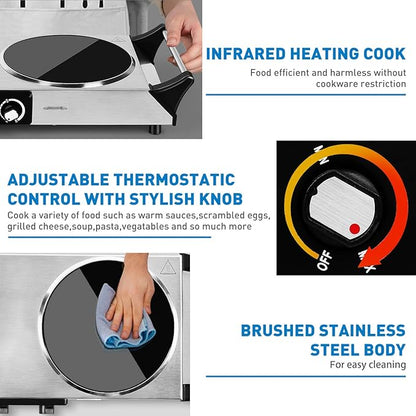 Techwood Electric Stove, Double Infrared Ceramic Hot Plates for Cooking, Two Control Cooktop Burner, Portable Anti-scald handles Suitable for Office/Home/Camp Use, 1800W Compatible for All Cookwares