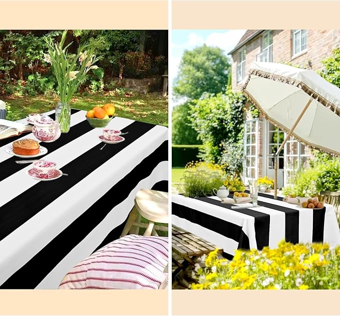 2 Pack-54x108inch Black and White Striped Rectangular Polyester Fabric Tablecloth for Indoor/Outdoor Dining, Party, Picnic, Barbecue, Gathering