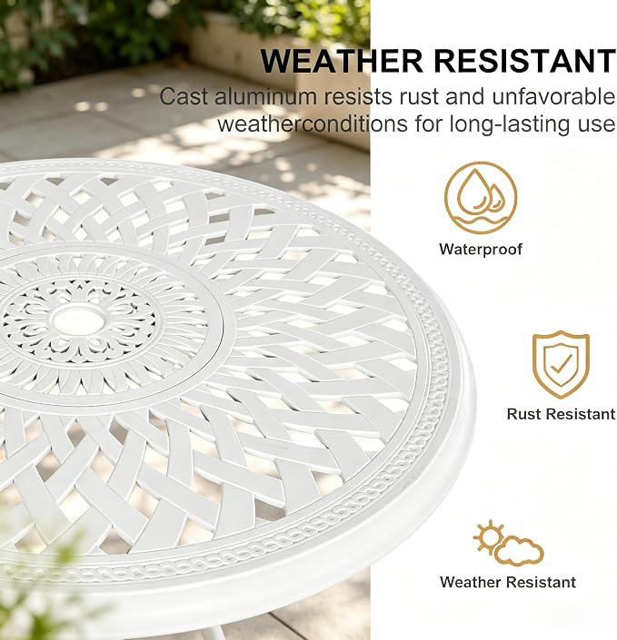 30.31" Outdoor Patio Dining Table, Cast Aluminum Bistro Table, Patio Furniture Set with 2.36" Umbrella Hole for Balcony Lawn Garden Backyard
