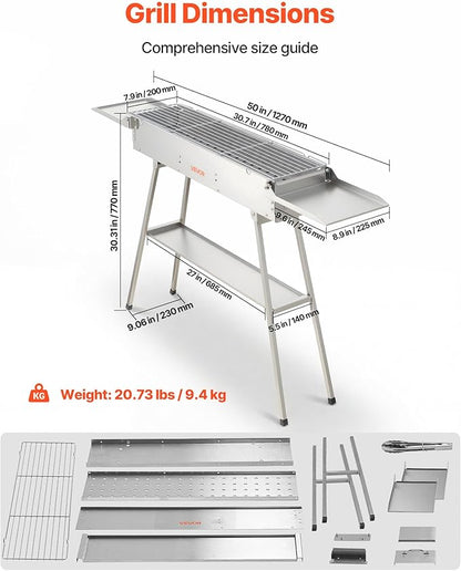 VEVOR Foldable Charcoal Grill, 250 sq.in. Portable Charcoal Barbecue Grill with Liftable Charcoal Tray & Side Tables, Brushed Stainless Steel BBQ Cooking Grills for Outdoor Camping Backyard Parties