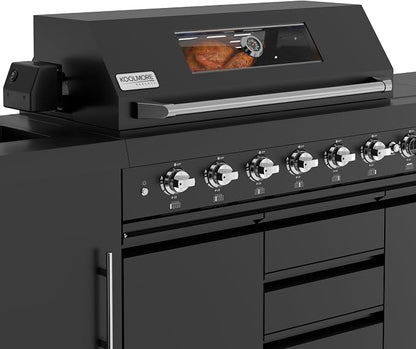 KoolMore Reserve Outdoor Kitchen Island with 6 Burner Grill and a Side Burner, Sink, Storage Cabinet, and Beverage Refrigerator, CSA Listed in Sleek Black