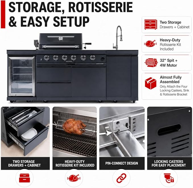 98-Inch Outdoor Kitchen Grill Island, 6-Burner 72,000 BTU Propane Gas BBQ Grill with Refrigerator, Rotisserie Kit, Stainless Steel Countertops, Storage Cabinets & Drawers, Black
