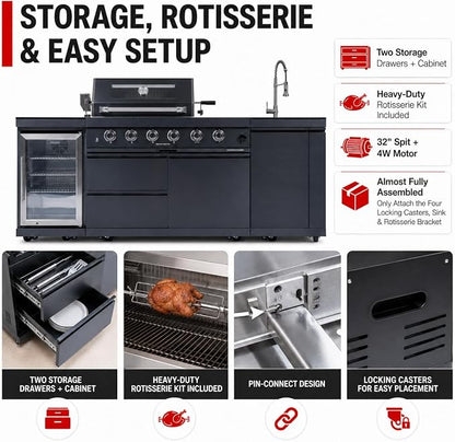 98-Inch Outdoor Kitchen Grill Island, 6-Burner 72,000 BTU Propane Gas BBQ Grill with Refrigerator, Rotisserie Kit, Stainless Steel Countertops, Storage Cabinets & Drawers, Black
