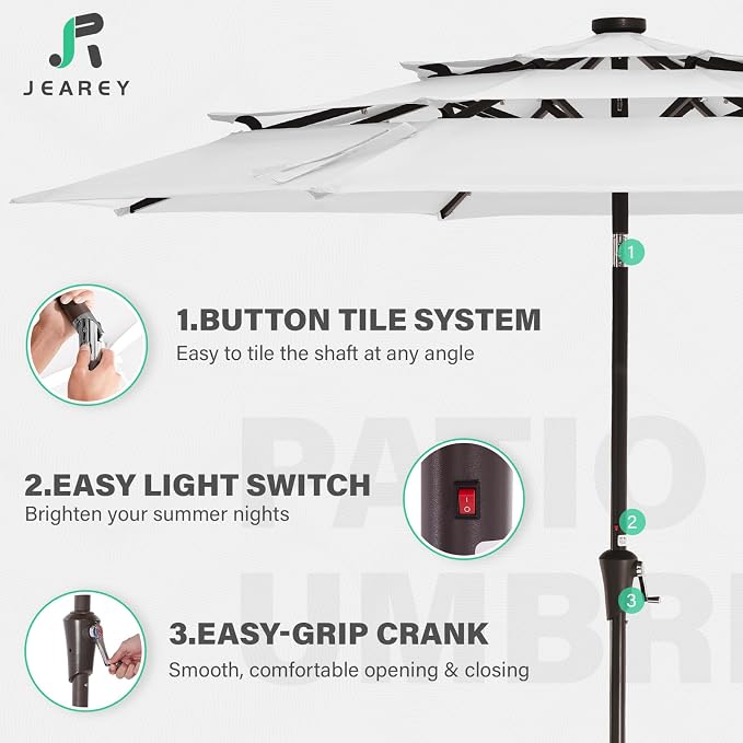 JEAREY 9 ft 3-Tier Outdoor LED Lighted Patio Umbrella w/Crank, Creamy-white | Solar Market Table Umbrella with 8 Sturdy Ribs, UV Protection Waterproof Sunproof for Garden, Deck and Backyard