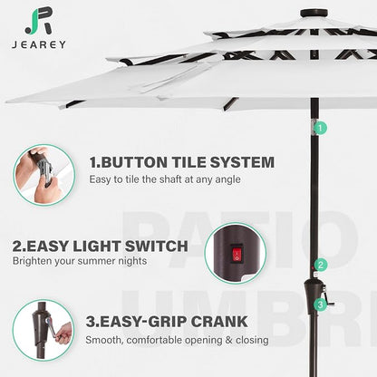 JEAREY 9 ft 3-Tier Outdoor LED Lighted Patio Umbrella w/Crank, Creamy-white | Solar Market Table Umbrella with 8 Sturdy Ribs, UV Protection Waterproof Sunproof for Garden, Deck and Backyard