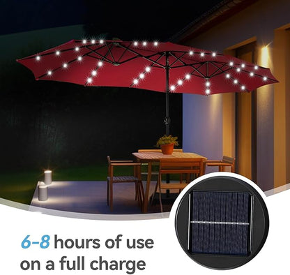 GREEN PARTY 15 ft Large Outdoor Patio Umbrella with Solar Led Lights & Base Included, Double-Sided Rectangular Table Umbrella with Stand, Market Umbrellas for Deck Poolside Garden Backyard, Red